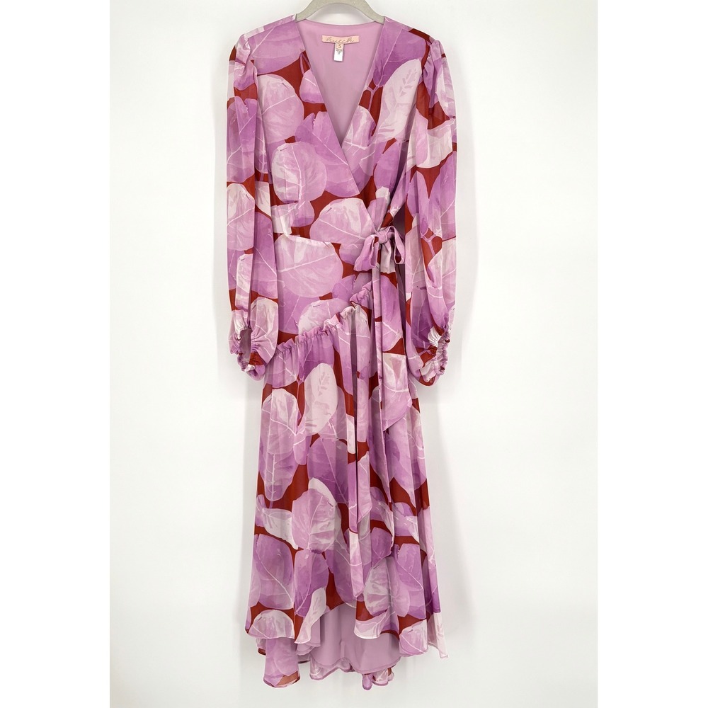 Anthropologie Hutch Floral Wrap Midi Dress Purple Brown Long Sleeve Ruffle Sz S - Picture 2 of 15